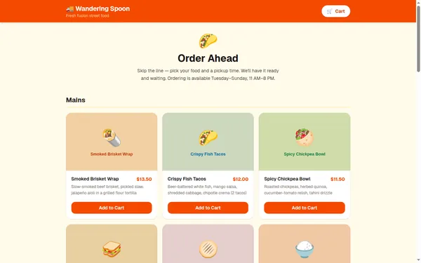 Homepage of the Wandering Spoon food truck ordering demo site