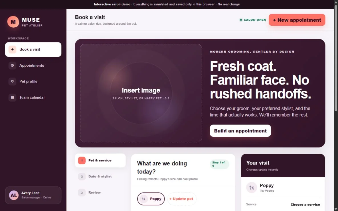 Muse Pet Atelier booking and salon operations platform