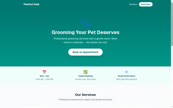 Homepage of the Pawfect Suds pet-grooming booking demo site