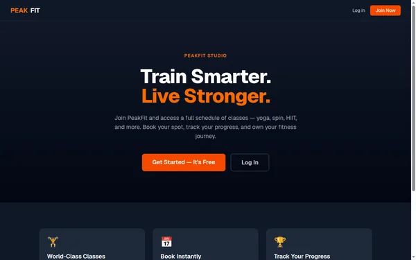 Homepage of the PeakFit gym member portal demo site