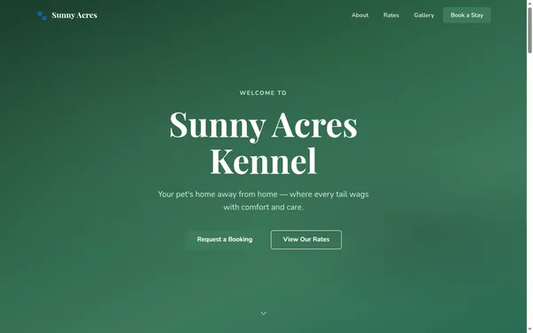 Homepage of the Sunny Acres Boarding pet-boarding demo site